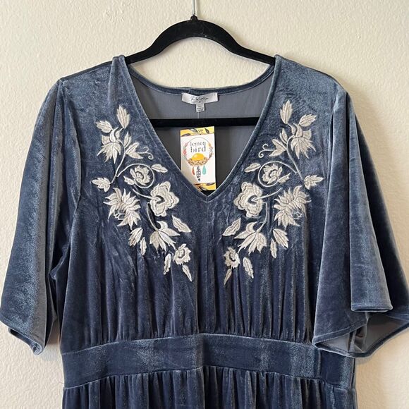 Polagram Blue Velvet Embroidered Maxi Dress 1X Fairy Boho Whimsy - Picture 2 of 6